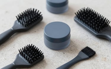 A flat lay of professional beauty and hair tools on a stone surface. Incorporates elements of #2F3E3D and #607D7D. The style is modern, trustworthy, and evokes high-end credibility.