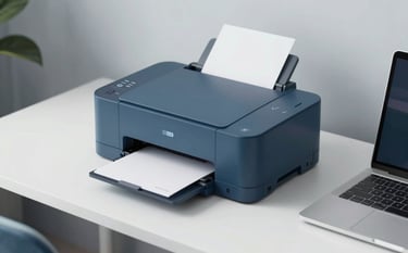 A clean, high-angle shot of a modern compact home printer sitting on a white desk with a laptop nearby. The lighting is soft and professional, incorporating a clean modern aesthetic with subtle accents of #415A77 and #1B263B in the office decor.