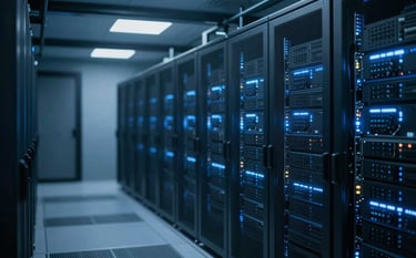 A wide view of a modern data center with glowing server racks, representing enterprise connectivity and scale. The lighting is dominated by #415A77 and #1B263B tones, creating a secure and trustworthy atmosphere.