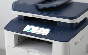 A close-up of a high-end office multifunction printer showing its sleek interface. The composition is professional and sharp, with a focus on ease of use. The color palette uses deep navy #0D1B2A and off-white #E0E1DD to suggest reliability.