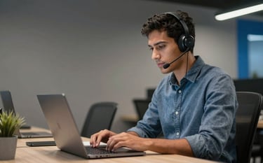 A focused professional in a modern South American / Brazilian coworking space wearing a headset, working on a laptop with data charts visible. The lighting is professional and clean, with slate grey and blue accents.