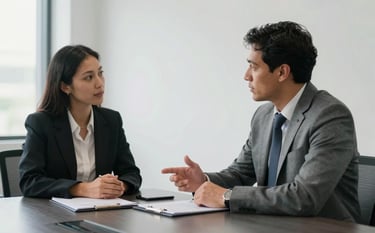 Two business professionals in a South American / Brazilian corporate meeting room discussing sales strategy at a conference table, bright and airy space, slate grey and white color palette, professional attire.