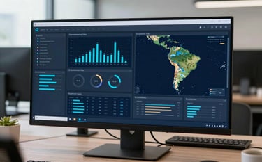 A high-tech dashboard displayed on a clean monitor in a modern South American / Brazilian office. The interface shows charts and maps in dark blue and cyan colors. Professional atmosphere with soft natural lighting.