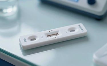 Detailed shot of a medical rapid test kit on a reflective laboratory glass surface. The background is a soft-focus laboratory in Pale Steel Blue tones. Sharp focus on the diagnostic tool, conveying precision.