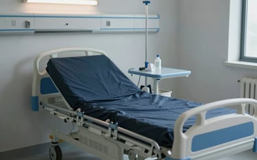 A modern hospital patient room featuring an ergonomic medical bed and side table. The composition is clean and minimalist, using a Soft Mist and Dark Navy color palette. Professional interior medical photography.