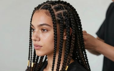 A close-up of a woman with long, sleek dark box braids with golden accessories. The lighting is soft and professional, set against a clean background with hints of #AEC0BB. The image conveys modern elegance and the intricate, high-quality work of a professional braider.