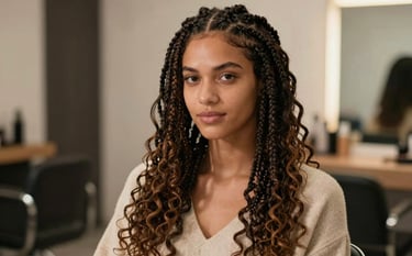 A high-fashion shot of a woman wearing Gypsy Braids with loose, curly ends. She is dressed in soft textures that complement the brand palette. Lighting is warm and inviting, emphasizing the texture and length of the braids. Professional braiding studio vibe.