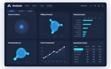 An advanced competitor analysis dashboard with heatmaps, bubble charts, and brand comparison matrices. The UI is dark-themed with #0A1E37 and #1A1A1A, featuring elegant neon-blue and white data points. Professional, data-heavy but clean aesthetic.