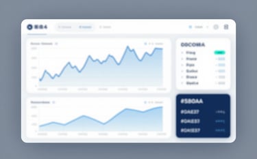 A sophisticated minimalist dashboard interface showing basic market trend line charts and data cards. The style is modern SaaS with clean lines, using a palette of white, light grey, and accents of #5E80A0 and #0A1E37. High-end software aesthetic, soft shadows, rounded corners.
