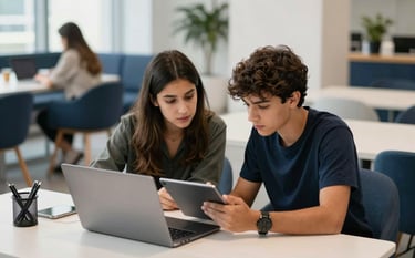 Two focused teenagers in a bright, contemporary co-working space in a Gulf city, collaborating over a tablet and a sleek laptop. The atmosphere is energetic and academic. High-end photography, sharp focus, with accents of dark blue and off-white in the modern furniture.