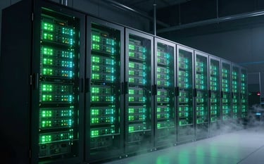 A wide shot of a futuristic server farm at night, with rows of hardware cabinets glowing with vibrant neon green and cyan status lights. The atmosphere is cold and mysterious, with light fog on the floor, suggesting a high-security data fortress in a Global / International metropolitan area.