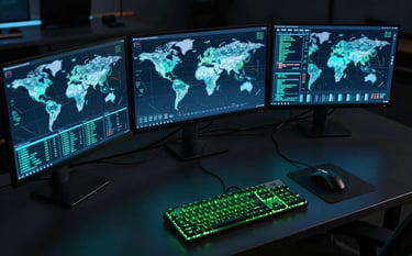 A high-angle photograph of a sleek workstation in a dark room. Three large monitors show a glowing digital world map and streaming matrices of cyan data. A mechanical keyboard glows neon green. Professional, high-tech vibe, Global / International setting.