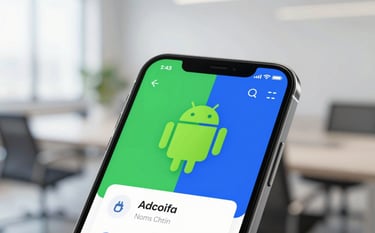 A close-up of a modern smartphone displaying a clean, professional Android interface with vibrant green and deep blue elements. The background is a slightly blurred, bright office setting, reflecting an innovative and user-friendly vibe.