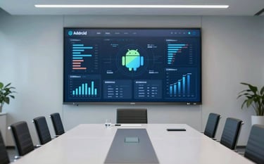 A wide shot of a professional boardroom with a large screen displaying complex data analytics on an Android-based enterprise platform. The lighting is cool and sophisticated, featuring #F5F6F7 and #8FA39A highlights.