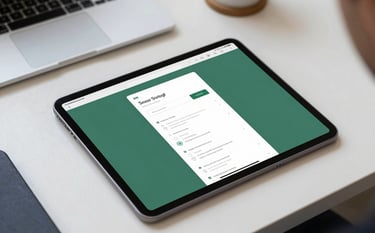 A top-down view of a designer's desk with an Android tablet showing a wireframe of a mobile app. Natural light hits the desk, creating a professional and creative atmosphere. Colors include shades of #3D6B58 and #1A2B3B.