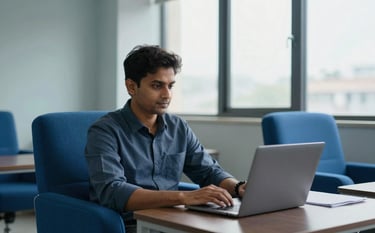 A professional in a modern South Asian / Indian office environment, royal blue furniture accents, soft natural lighting from a large window, using a laptop with a focused and empowered expression, pale mist colored walls.