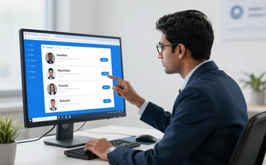 A recruiter in a bright South Asian / Indian corporate setting, pale mist background, viewing professional profiles on a large sleek monitor, clean and empowering composition with royal blue highlights.