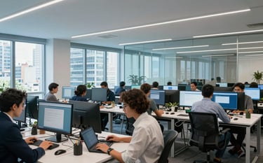 Photography of a sleek, modern co-working space in a Latin American city like Buenos Aires. High ceilings, glass partitions, and professionals working focused on their screens. The lighting is bright and clean, emphasizing a secure and productive environment. Palette: light blue and medium blue.