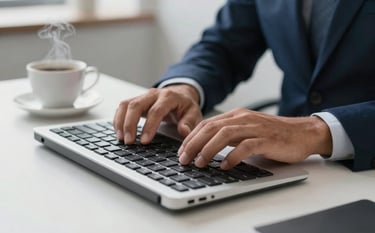 Photography of a close-up of hands typing on a modern, high-end keyboard next to a steaming coffee cup in a Latin American corporate setting. The atmosphere is efficient and bright, with a minimalist workspace and soft-focus office background in navy blue and light gray tones.
