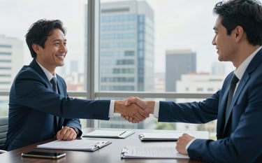 A professional business meeting in a modern office in Lima. Two professionals are shaking hands firmly over a dark navy desk. A large window in the background reveals the San Isidro business district. The atmosphere is trustworthy and corporate, featuring royal blue and soft white tones.