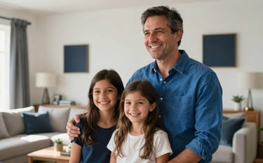 A high-quality, professional photograph of a smiling Peruvian family in a bright, modern living room with soft white walls. The scene conveys security and happiness. The father is wearing a royal blue shirt, and the decor includes subtle dark navy accents. Natural, warm sunlight fills the room.