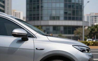 A clean, professional close-up of a modern silver vehicle parked in a contemporary Peruvian urban setting. The background shows a blurred high-end office building under a clear sky. The lighting is crisp, highlighting the car's sleek lines, conveying safety and premium protection.
