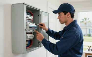 Photography of a professional electrician in a clean uniform inspecting a modern electrical circuit breaker panel in a North American home on the US Gulf Coast. Bright, natural lighting, clean composition, emphasizing reliability. The colors are navy blue and slate blue.