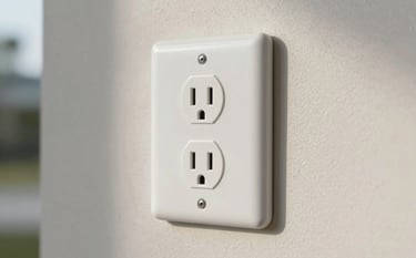 Detailed photography of a high-quality, newly installed white electrical outlet on a clean neutral wall in a US Gulf Coast residence. Soft morning light, professional and sharp focus.