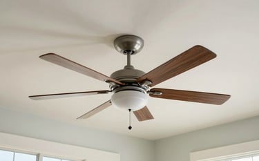 Photography of a modern ceiling fan being wired into a high ceiling of a coastal home by a professional. North American US Gulf Coast setting. Bright, organized, and technical.