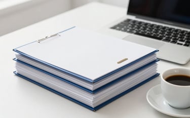 A bright, clean European workspace scene featuring a laptop, an organized stack of folders, and a cup of coffee. High-quality corporate aesthetic with white and dark blue accents, symbolizing administrative efficiency.