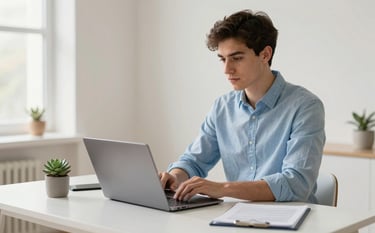A focused young professional sitting in a bright, minimalist North American home office, studying on a laptop. The room is filled with soft natural light and features clean lines, a succulent on the desk, and a palette of off-white and light blue.