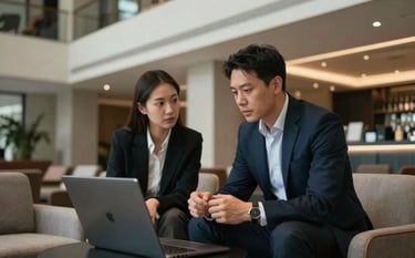 An expert mentor providing one-on-one guidance to a professional in a sophisticated North American lounge setting. High ceilings, modern architectural details, and a refined atmosphere of intellectual growth and trust.