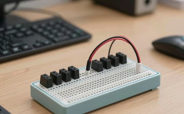 A close-up shot of a small, minimalist pro audio interface sitting on a light oak wooden desk. Next to it lies a coiled blue ethernet cable and a pair of professional headphones. The lighting is soft and natural, coming from a nearby window, reflecting a cozy Scandinavian home studio vibe. Colors include cool grey and crisp white.