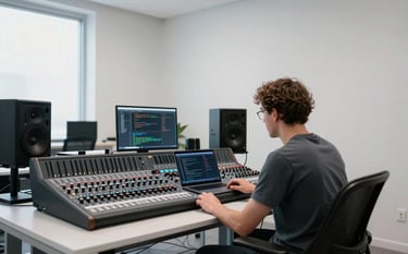 A wide shot of a bright, minimalist Scandinavian office with clean lines. A musician is looking over a large music studio mixing board while a laptop displays technical networking code. The atmosphere is professional yet welcoming, featuring cool grey and Nordic grey blue accents.