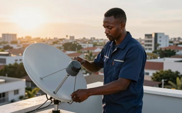 A professional Mozambican technician in a neat navy blue uniform installing a satellite dish on a residential rooftop. In the background, the sun shines over a modern Maputo neighborhood. High-quality photography, professional lighting, with soft steel blue and midnight blue tones.