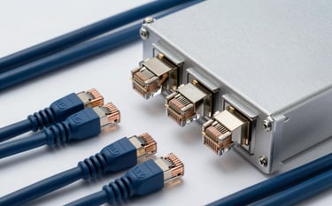 Professional studio shot of high-quality telecommunications hardware including copper coaxial cables, Cat7 ethernet cables, and LNBs. The composition is organized and technical, using a palette of midnight blue and mist gray to evoke reliability.