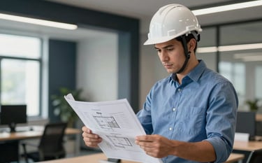 A professional engineer in an off-white hard hat and steel blue shirt reviewing architectural fire safety blueprints in a modern, bright office with dark navy architectural details. The atmosphere is professional and focused.