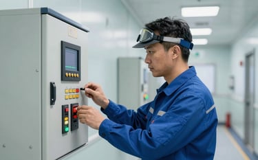 A technician in steel blue work attire with safety gear inspecting a digital fire control panel in a clean corridor. The background features light blue and off-white tones, reflecting a safe and modern environment.