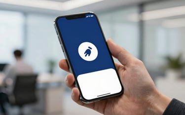 A close-up shot of a hand holding a smartphone showing a clean, modern application interface with a clearly visible help icon. The background is a blurred professional office setting. The style is sleek and digital, emphasizing ease of use and modern efficiency using deep blue and white accents.