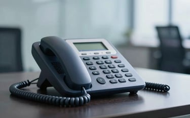A high-quality, professional still life of a modern office telephone on a dark polished surface, with soft light reflecting off its sleek buttons. The background is an elegant, blurred office interior. The composition is sophisticated and minimalist, highlighting reliability and trust with navy and light blue tones.