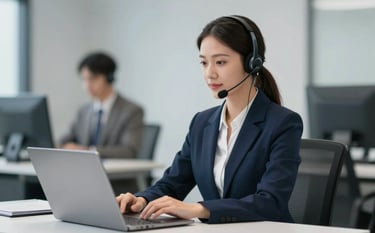A professional customer service representative wearing a modern headset, working at a clean minimalist desk with a laptop. The atmosphere is professional and calm, with soft corporate lighting. The color palette includes sophisticated navy blue and light grey tones, reflecting a dependable service environment.