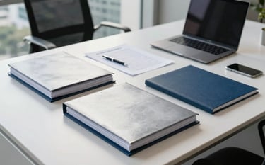 A modern, minimalist office desk in a professional building in São Paulo, Brazil. On the surface lie neatly organized paper folders in Silver and Midnight Blue, a sleek laptop, and professional stationery. Bright, clean natural light filters through a window, creating an atmosphere of precision and efficiency.
