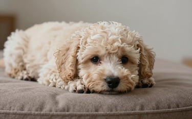 A close-up shot of a cream-colored Maltipoo puppy resting its head on a soft muted taupe cushion. The image captures the soft texture of the wavy fur and a sense of peaceful trust. Minimalist and airy composition with soft natural lighting.