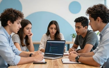 A diverse team of South American / Venezuelan developers collaborating around a wooden table in a high-tech office. They are looking at a laptop displaying lines of code. The environment is bright and innovative, with Soft Sky Blue decorative elements.