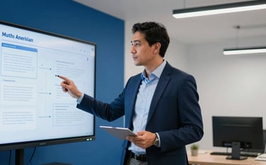 A professional South American / Venezuelan IT consultant in a sharp business casual outfit, presenting a strategy on a screen in a modern office. The room features Imperial Blue accents and clean Icy White walls, with soft, professional lighting.