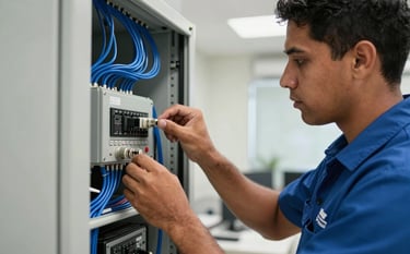 Close-up of a professional technician in a branded uniform working on a telecommunications panel in a bright South American / Venezuelan business district office. The lighting is crisp and highlights the Imperial Blue wires and equipment.