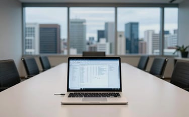 Wide shot of a sophisticated Brazilian boardroom with a panoramic view of a metropolitan skyline. On the table sits an open laptop displaying organized data spreadsheets. The setting communicates authoritative administrative expertise and strategic growth. Colors are slate blue and off-white.