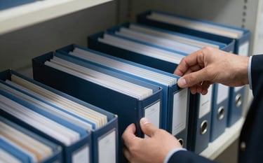 Close-up of a perfectly organized archive and filing system in a modern Brazilian administrative office. Professional hands are seen placing a neatly labeled folder into a row. The lighting is soft and focused, conveying clarity and meticulous order. Colors are dark navy and light blue.