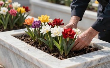 Close-up photography of fresh, vibrant flowers being carefully planted into the soil of a grave planter. The marble is a clean white stone tone, and the hands are performing the task with care. Serene Istanbul morning light, professional and respectful mood.
