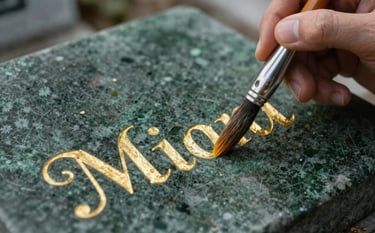 Macro photography of an artisan carefully painting gold leaf lettering onto a dark green stone surface in an Istanbul cemetery setting. The focus is on the precision of the brushwork and the elegant typography, conveying trust and craftsmanship.
